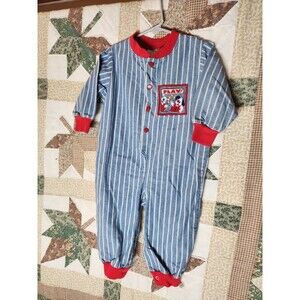 Vintage Health-Tex 18M Striped Romper 80-90s Blue White Dog Play Patch One Piece